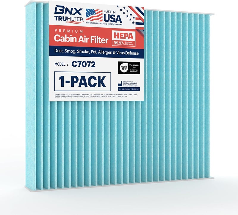 BNX TruFilter C7072 Cabin Air Filter, HEPA 99.97%, MADE IN USA, Compatible With Honda CR-V (1997-2001) and Honda Insight (2000-2006) - Image 1